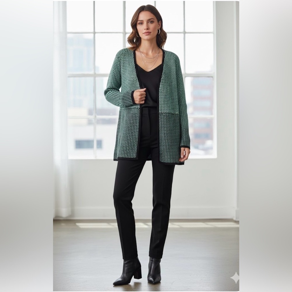 Pendleton Cotton Houndstooth Womens Cardigan Sz M Black & Green Classic Sweater